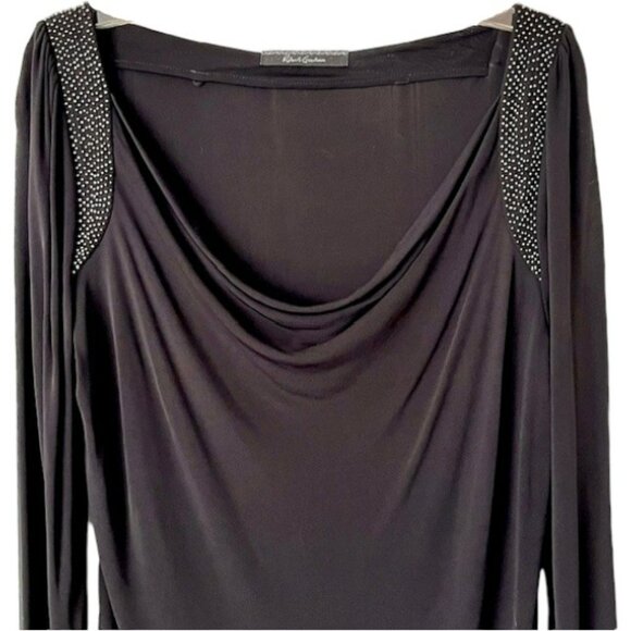 Robert Graham Sheer Beaded Top Ruched Sleeves Waterfall Neckline - Black - L* - Picture 2 of 7